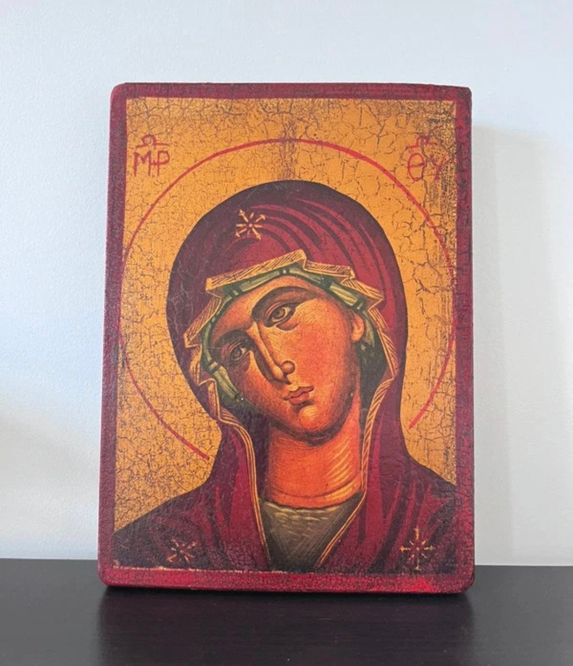 Icône religieuse Marie — peinte à la main — bois — 1622 cm, Antiquités & Art, Antiquités | Objets religieux, Enlèvement ou Envoi