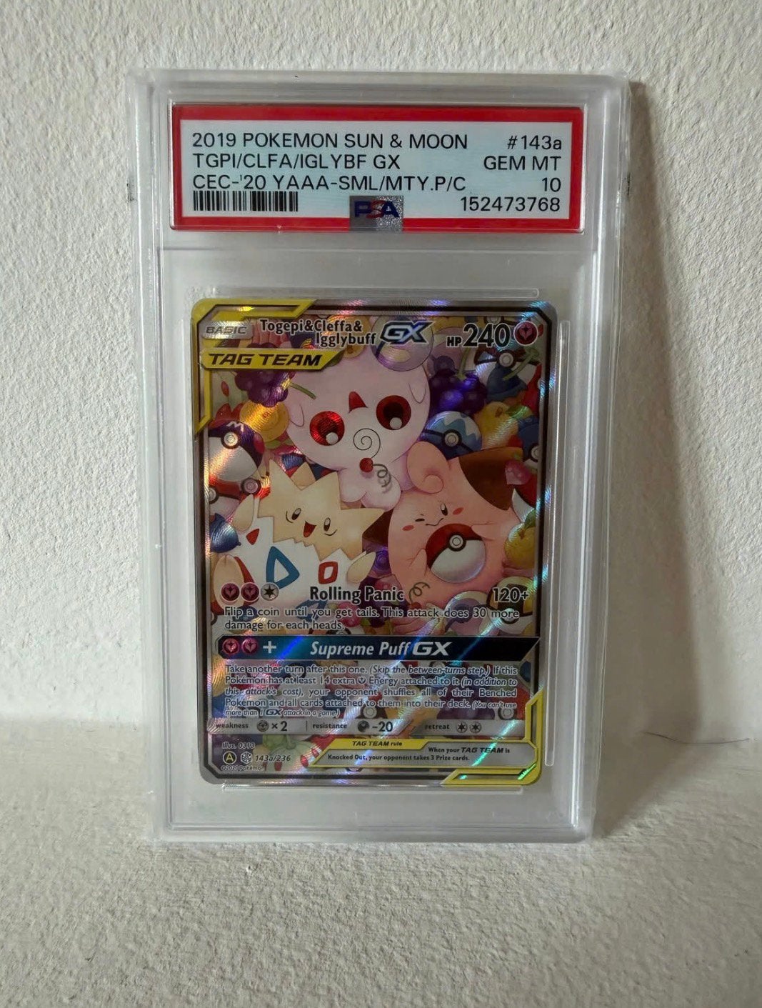 PSA 10 Togepi & Cleffa & Igglybuff GX - Sun & Moon #143a, Hobby en Vrije tijd, Verzenden, Zo goed als nieuw
