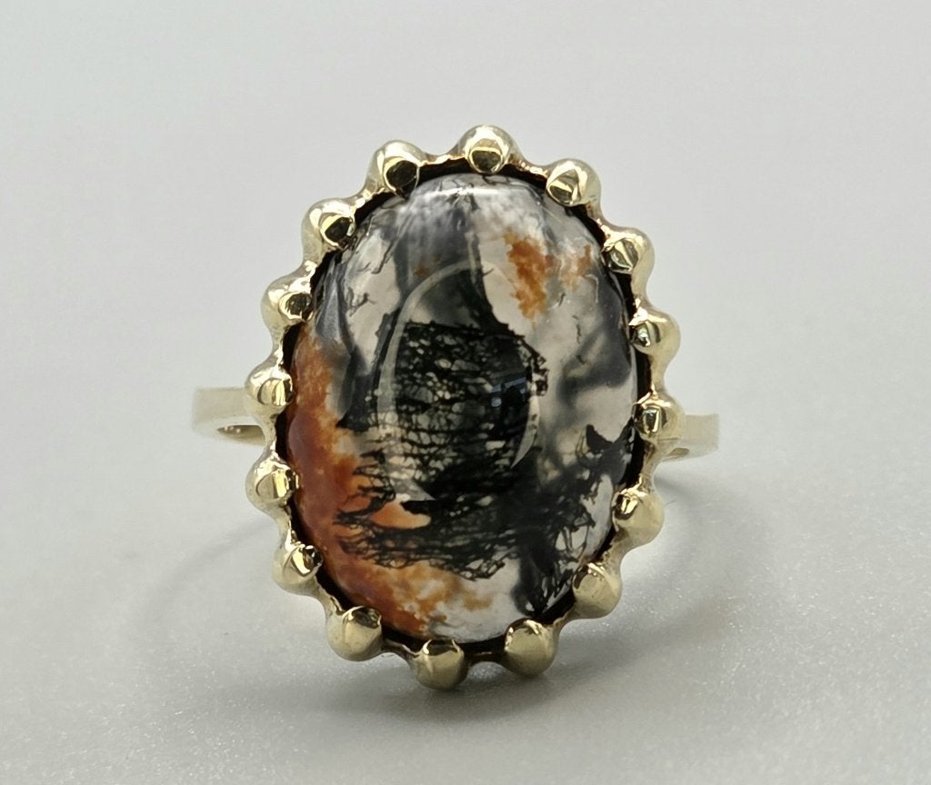 Gouden Vintage ring met edelsteen mosagaat. 2026/675, Ophalen of Verzenden, Goud, Ring, Met edelsteen