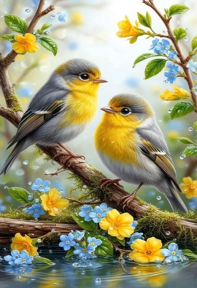 50x40cm Diamond Painting vogels geel blauw (rond) nr 98, Hobby en Vrije tijd, Verzenden, Nieuw, Meerkleurig, Overige materialen