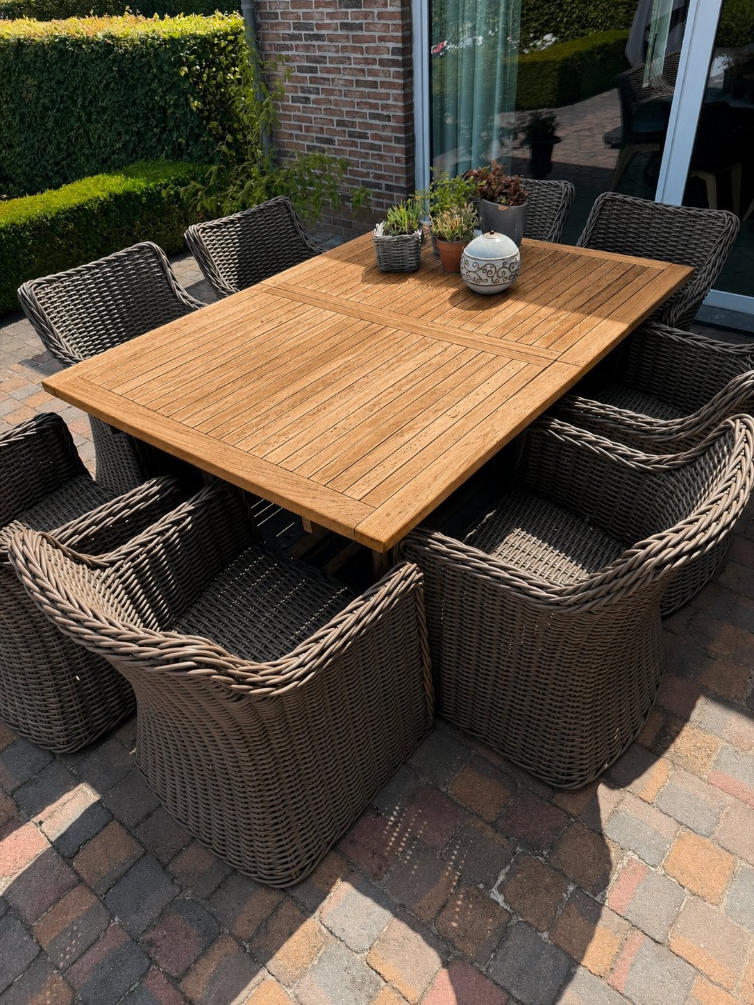 Teak tuinstel 8 personen, Tuin en Terras, Ophalen, Gebruikt, 8 zitplaatsen, Wicker