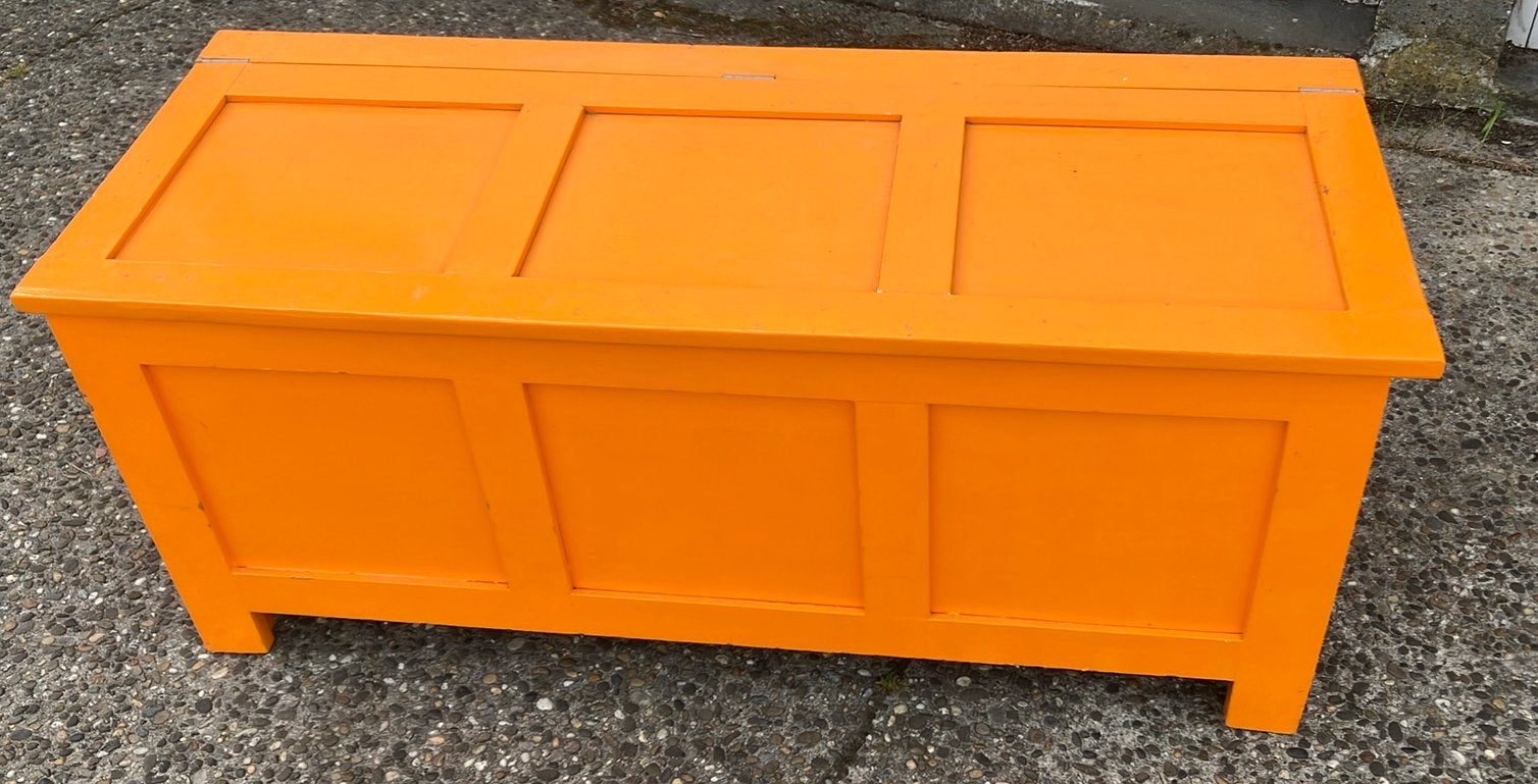 Oranje-gele vintage speelgoedkist, Huis en Inrichting, Ophalen, Gebruikt, Minder dan 50 cm, 100 tot 125 cm