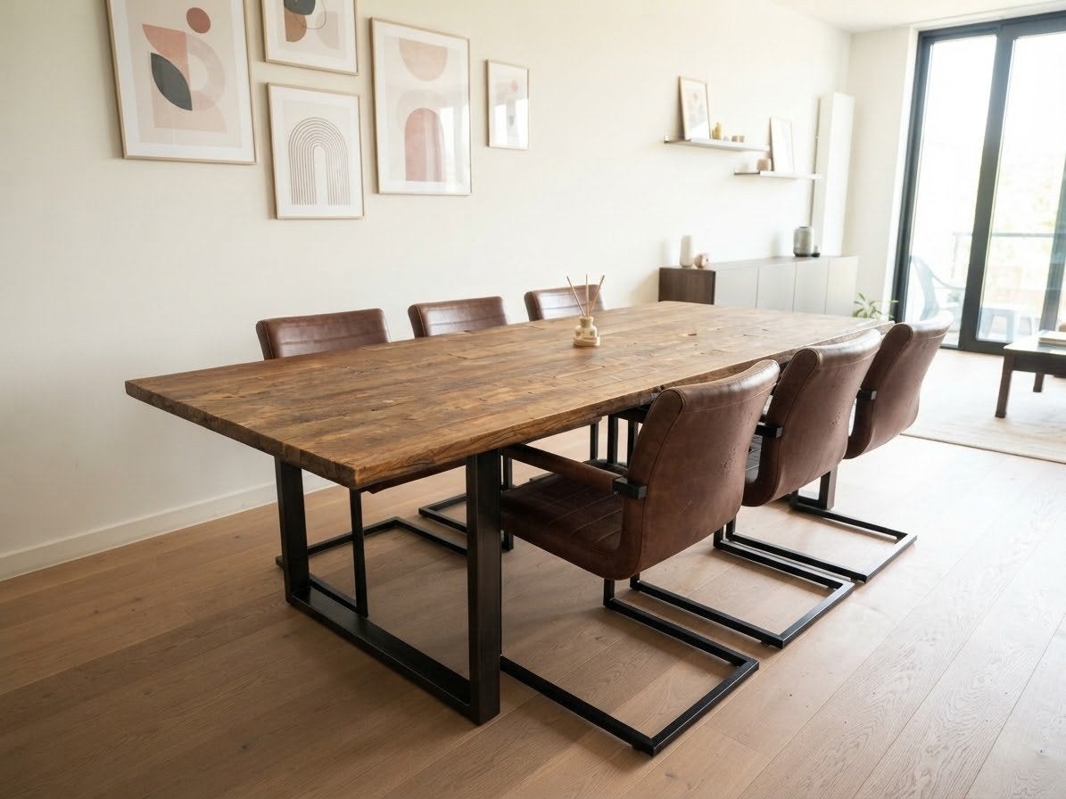 Stijlvolle industriële eettafel, Huis en Inrichting, Ophalen, 100 tot 150 cm, 200 cm of meer, Zo goed als nieuw