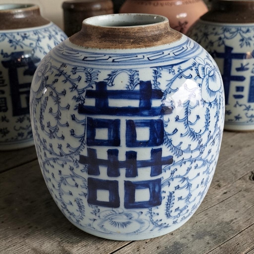 Chinese Blauw-Witte Gemberpot met Double Happiness Symbool, Antiquités & Art, Antiquités | Céramique & Poterie, Envoi