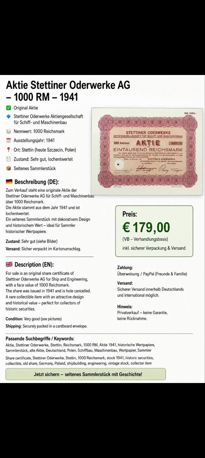 1941, Postzegels en Munten, Aandelen en Waardepapieren, Ophalen of Verzenden