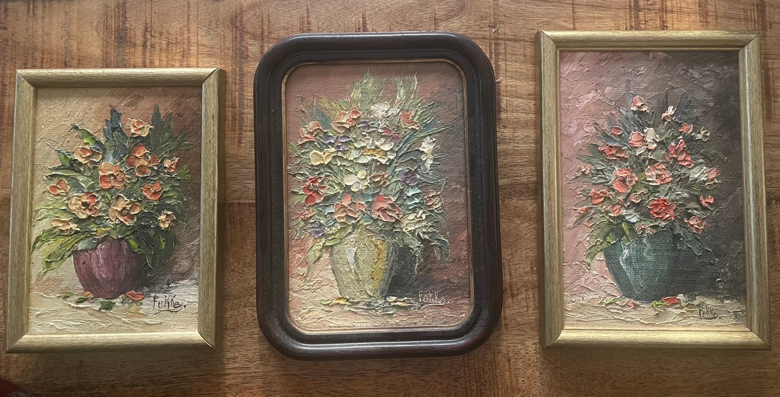 3 bloemstillevens-olieverf op paneel, A. van de Leur (Fokke), Paneel, Stilleven, Ophalen of Verzenden, Olieverf