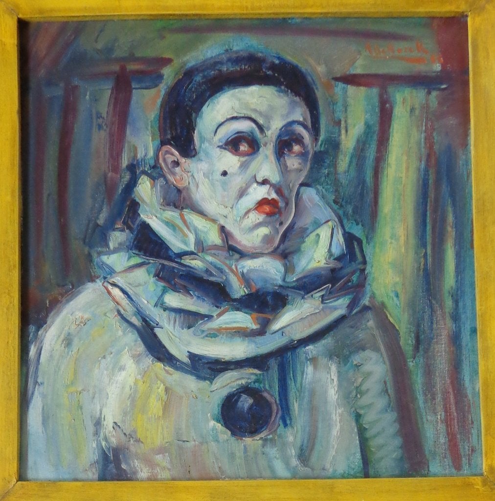 R. DE ROECK / PIERROT / OLIEVERF DOEK / 90x88cm / KADER SIG, Peinture à l'huile, Signé, Figures, Autres matériaux