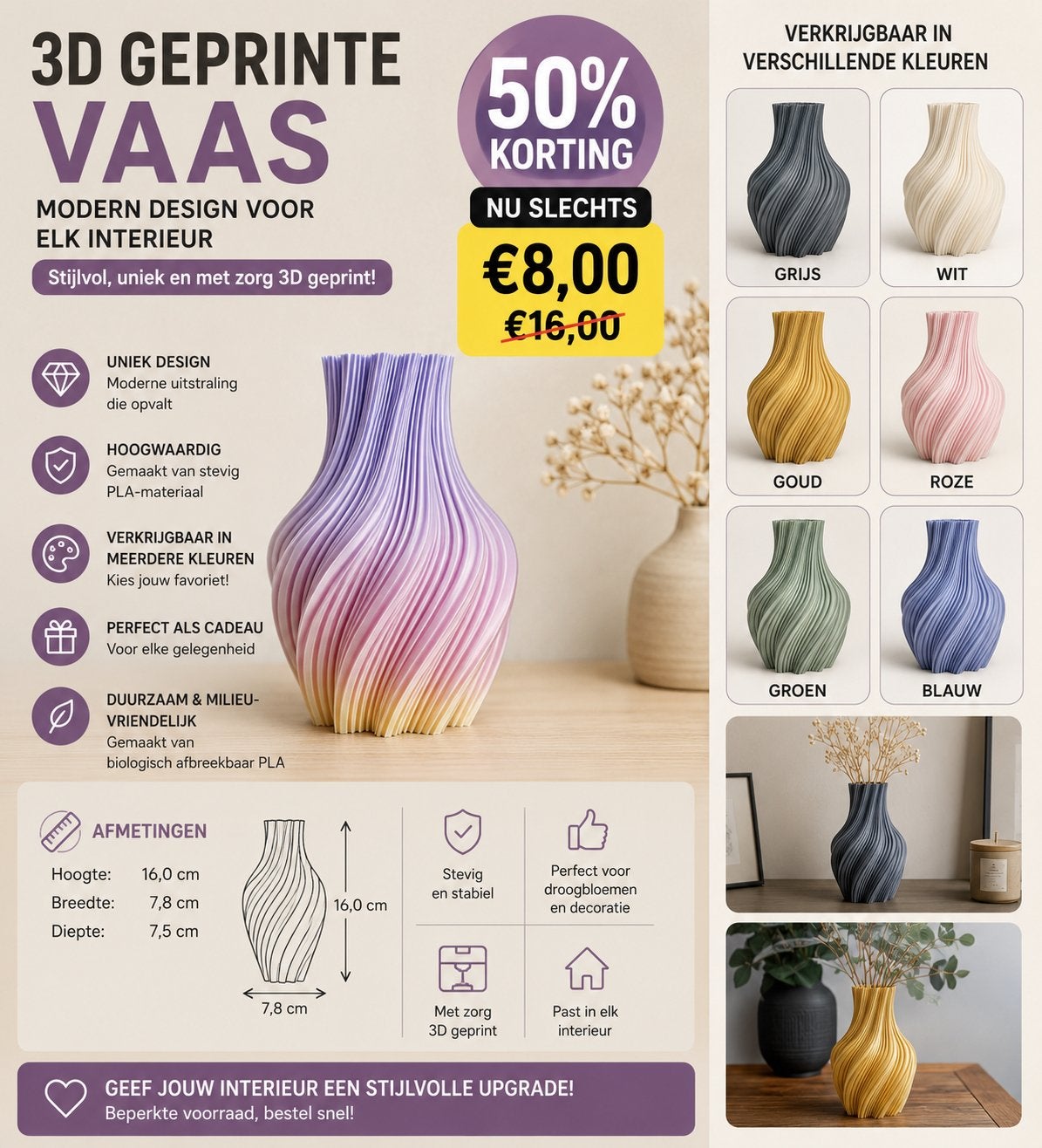 3D Geprinte Design Vaas, Hobby & Loisirs créatifs, Poterie, Comme neuf, Enlèvement ou Envoi