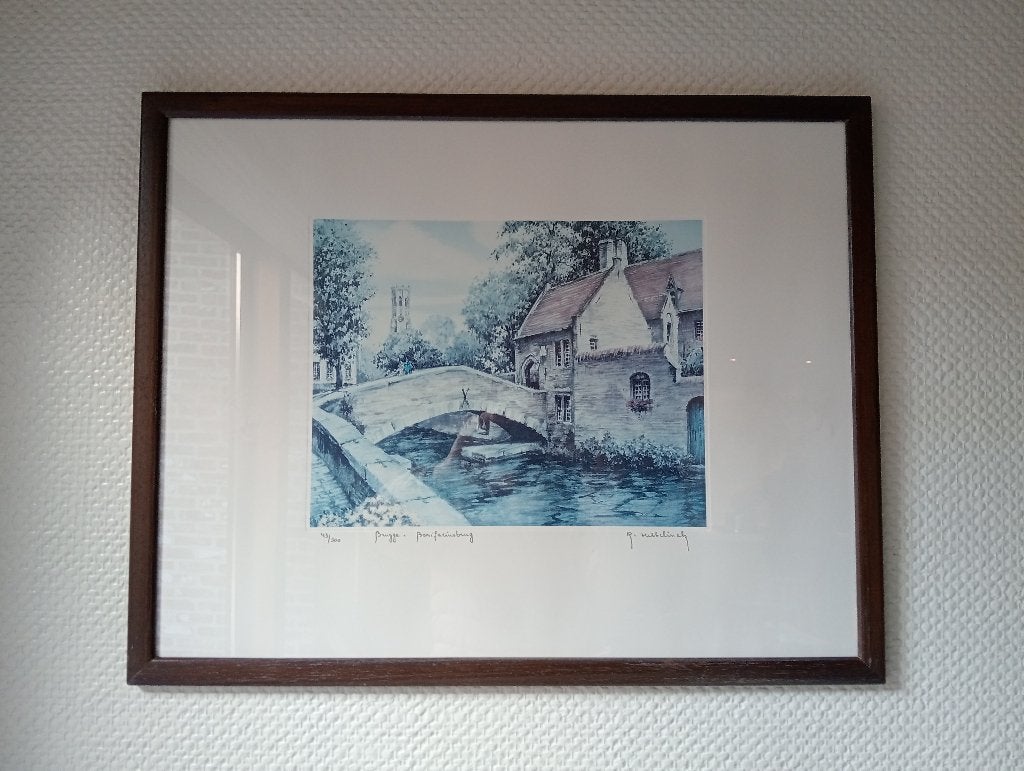 Handgekleurde ets R. Hebbelinck Bonifaciusbrug Brugge 43/300, Eau-forte, Enlèvement, Coloré à la main, 60 cm