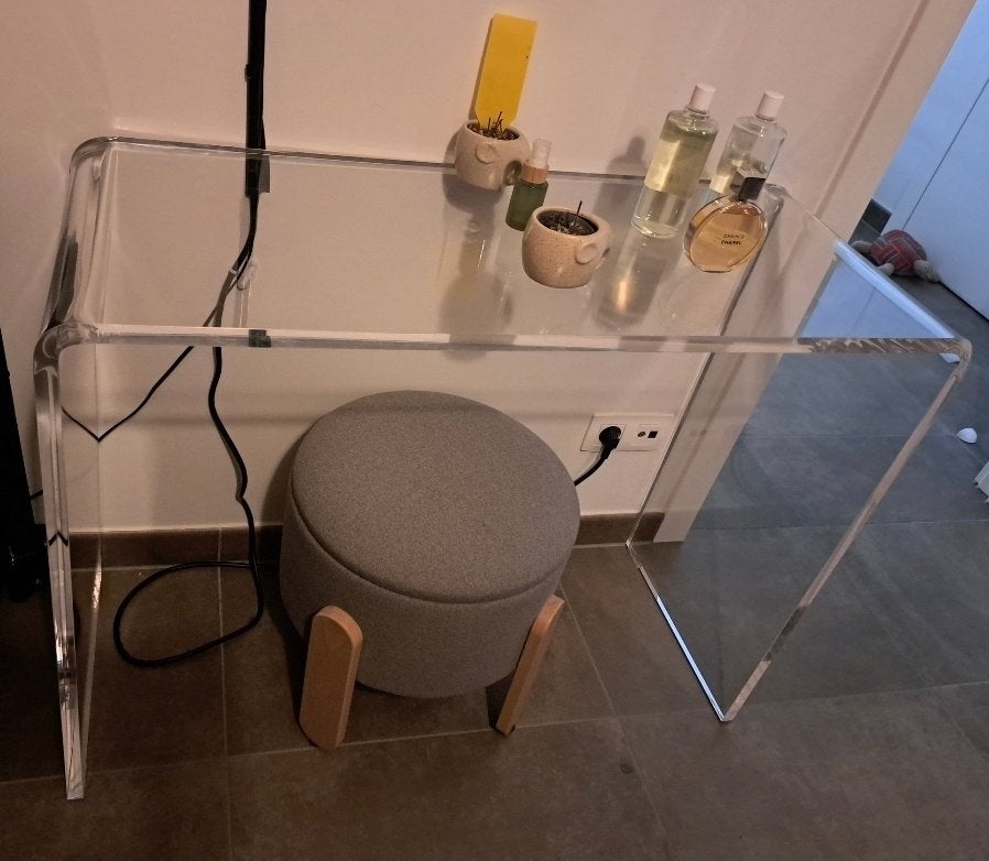 Glazen bijzettafel/klein bureau, Ophalen, 97 cm, 38 cm, Zo goed als nieuw