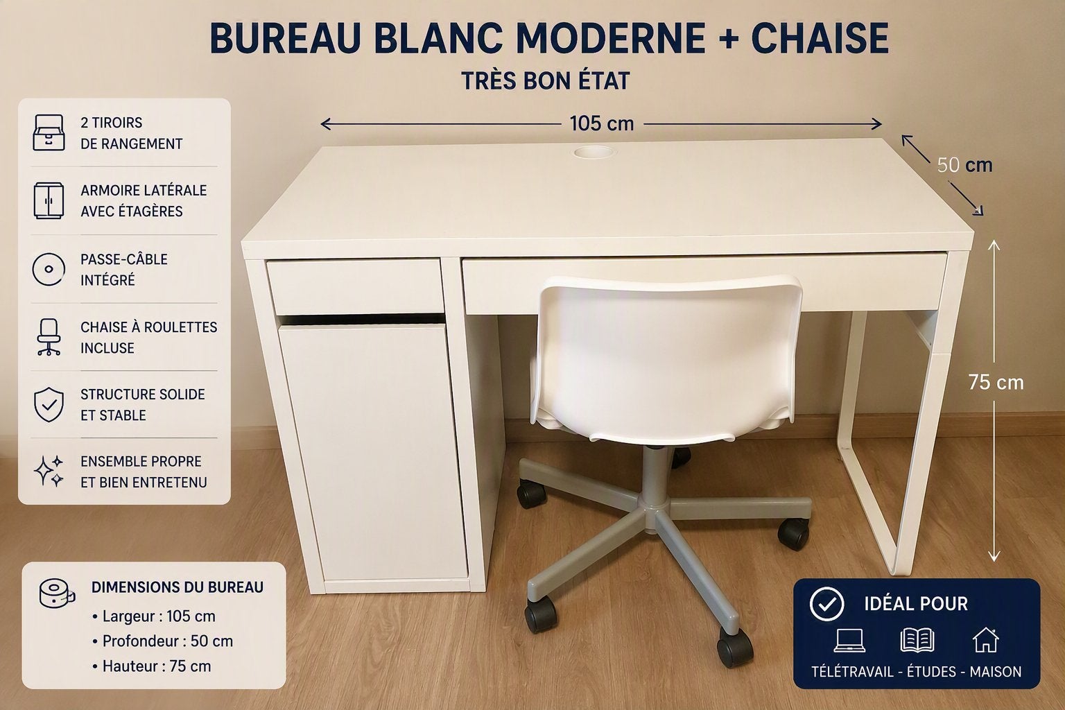 Bureau blanc moderne avec chaise de bureau – bon état, 105 cm, Bureau d'ordinateur, 50 cm, Avec tiroirs