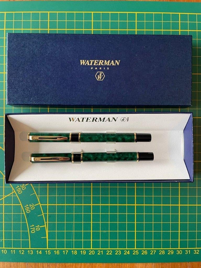 Waterman Laureat Green Marble Fountain pen (F) Roller set, Verzamelen, Ophalen of Verzenden, Waterman