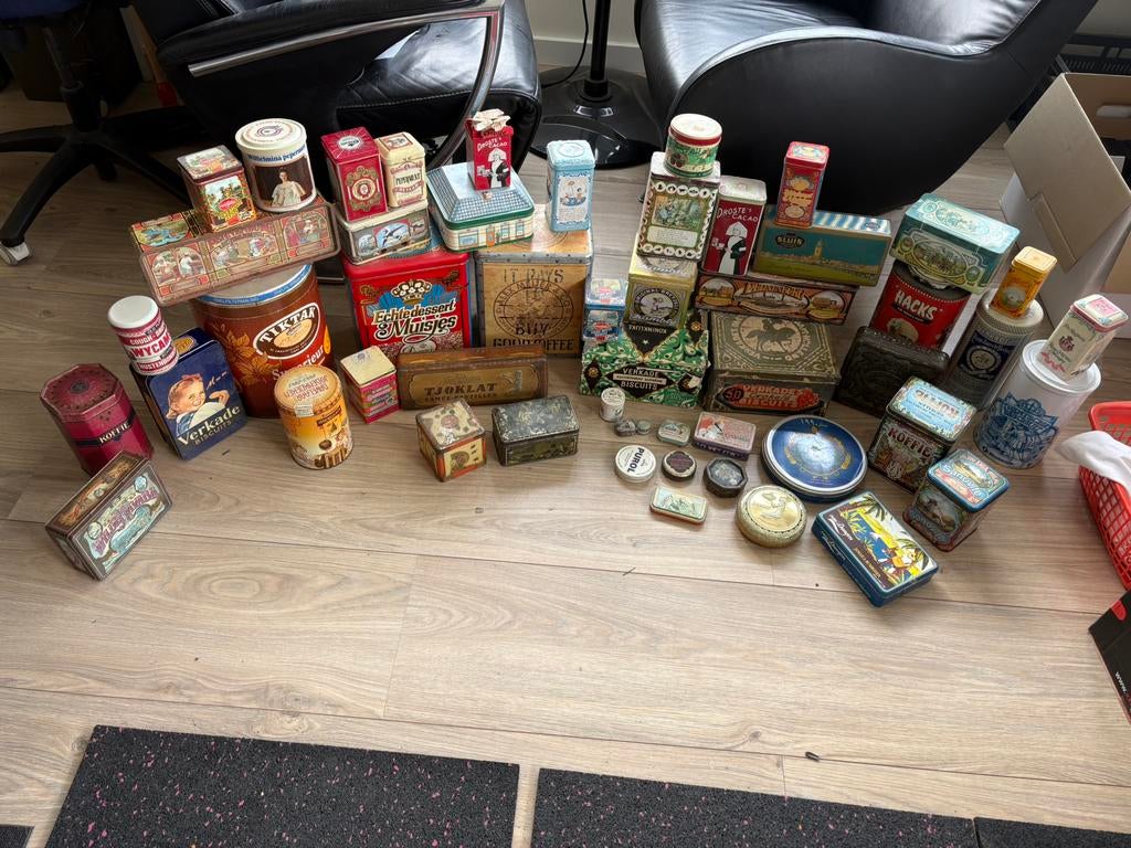Grote partij vintage blikken / oude reclameblikken – Verkade, Collections, Boîte en métal, Comme neuf, Café, Droste, Envoi