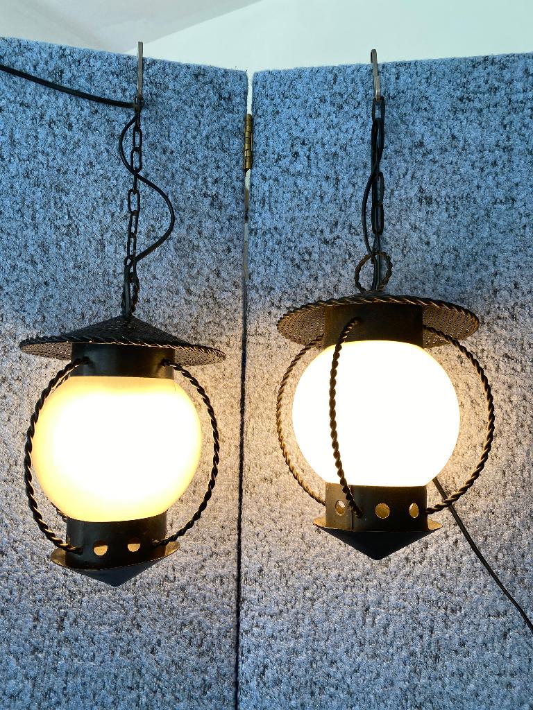 pair de suspension lampe vintage 40-50s verre metal lanterne, Enlèvement