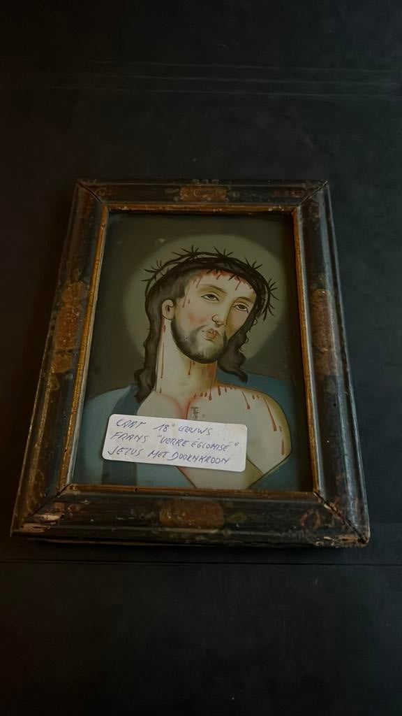 18e eeuws Frans  verre églomisé Jezus met doornenkroon, Antiek en Kunst, Ophalen