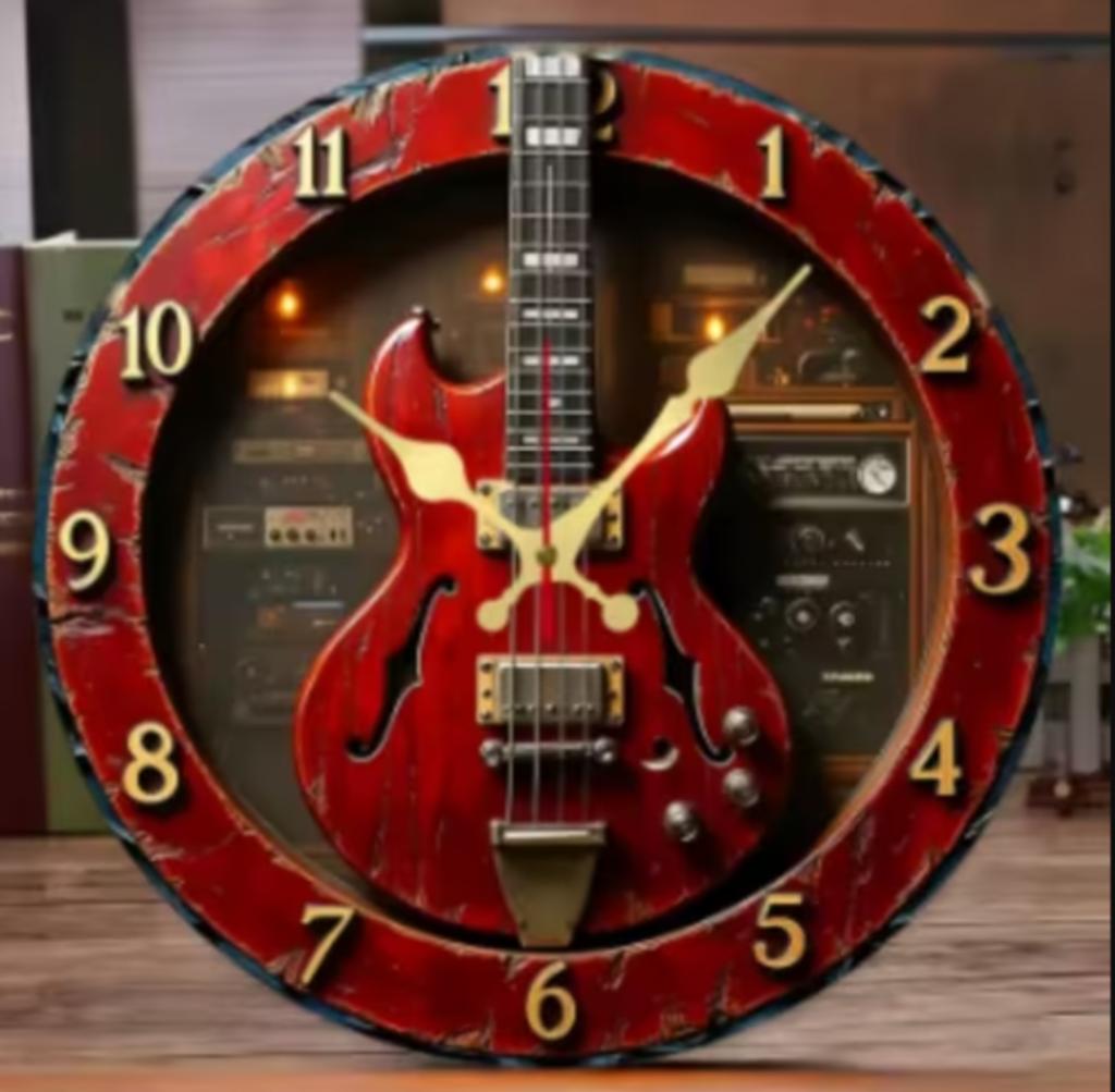 Horloge murale ronde en bois pour guitare électrique
