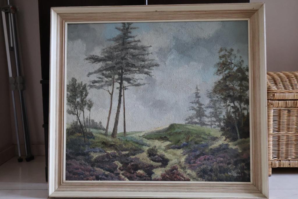 Groot olieverf schilderij heidelandschap, inclusief kader, Ophalen