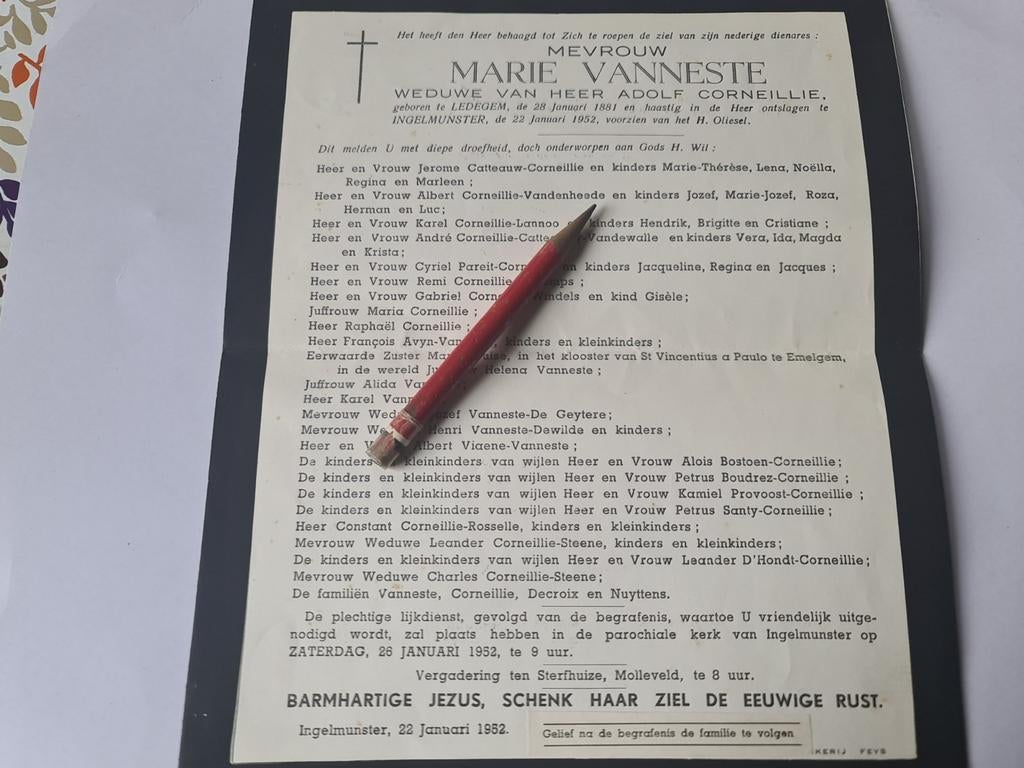 Rouwbrief + bidprentje Marie Vanneste 1881-1952x corneillie, Ophalen of Verzenden