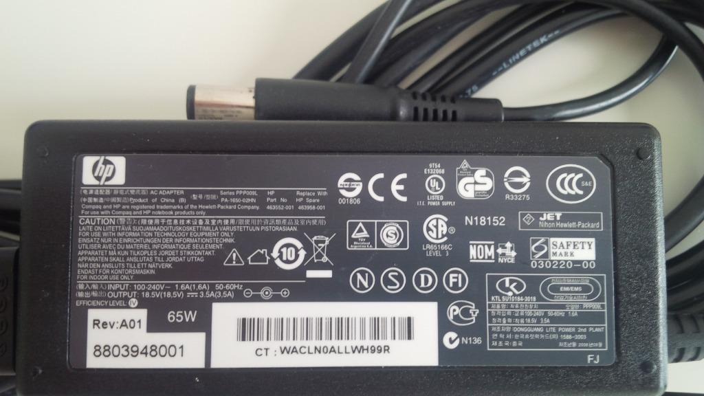Adapter 463552-001 (= 380467, 381090, 463958) 18,5V 3,5A 65W, Computers en Software, Ophalen of Verzenden, Zo goed als nieuw, HP Hewlett Packard