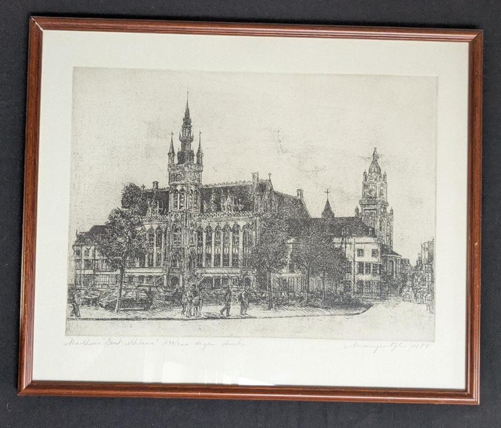 marijke Pijl - ets - stadhuis Sint-Niklaas - ingekaderd, Antiek en Kunst, Ophalen of Verzenden