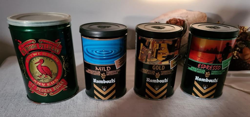 4 koffieblikken: 1x de roode pelikaan en 3 x rombouts, Collections, Boîte en métal, Enlèvement ou Envoi, Comme neuf, Café, Douwe Egberts
