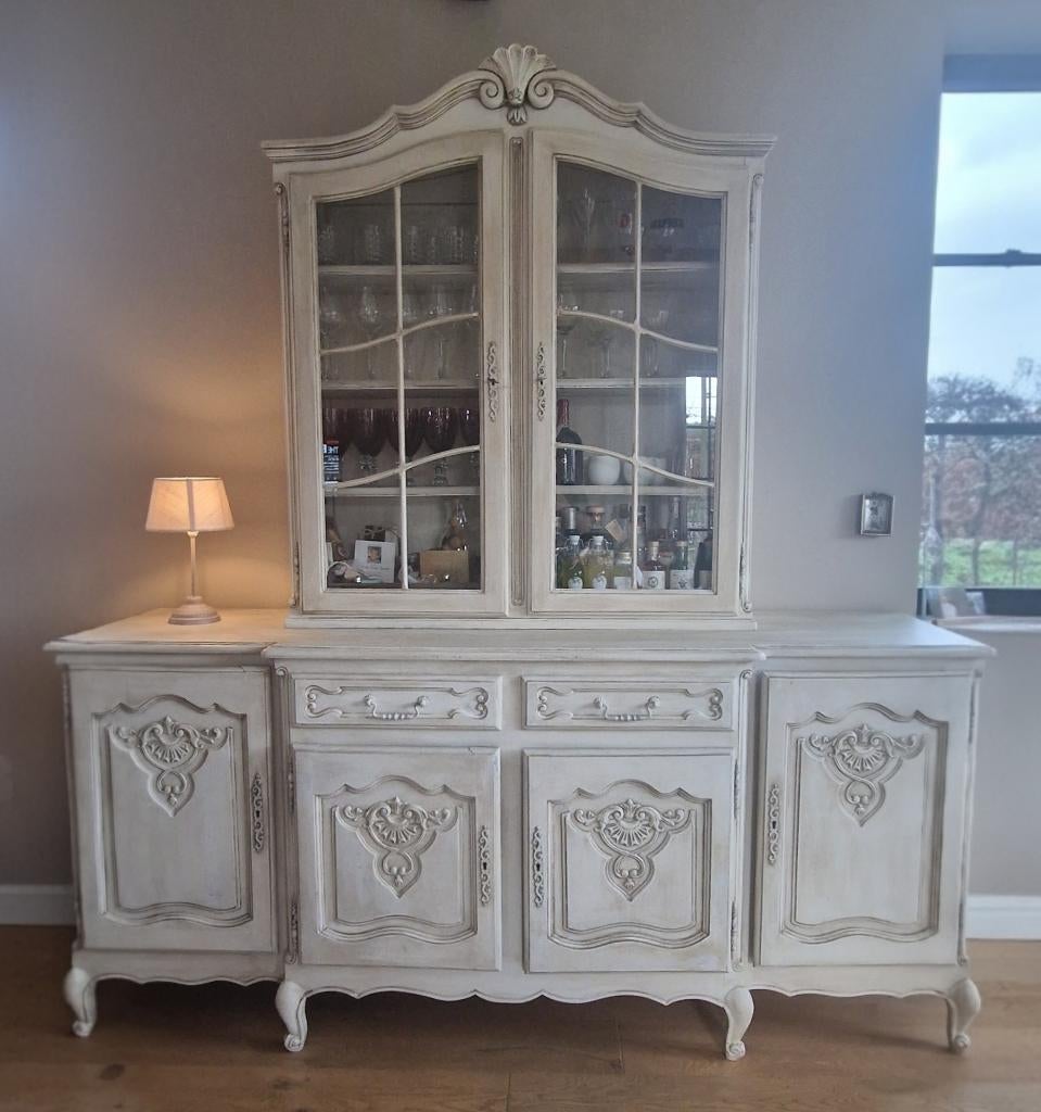 Te koop: Prachtige Frans Brocante Vitrine-/Buffetkast, Ophalen, Gebruikt, Eikenhout, Met deur(en)