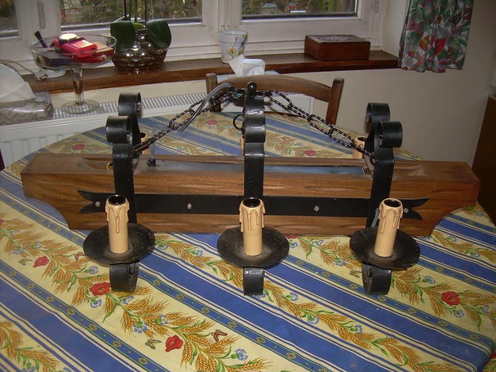 Lustre poutre chêne 6 lampes, Ophalen, Zo goed als nieuw, Hout, Rustique