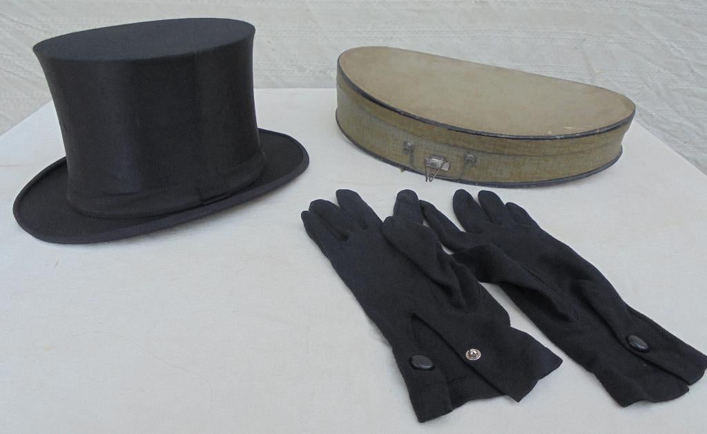 Chapeau haut de forme pliable dans sa boîte d'origine, Antiquités & Art, Enlèvement ou Envoi