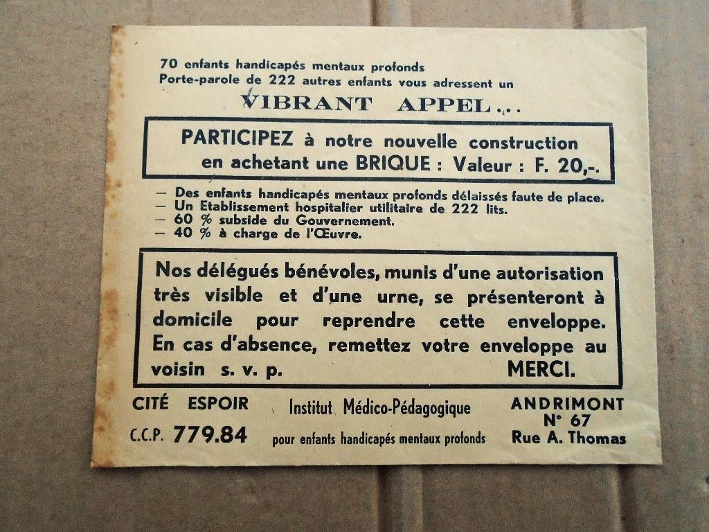 Collecte-enveloppe Institut Médico-Pédagogique - Andrimont, Enlèvement ou Envoi, Comme neuf