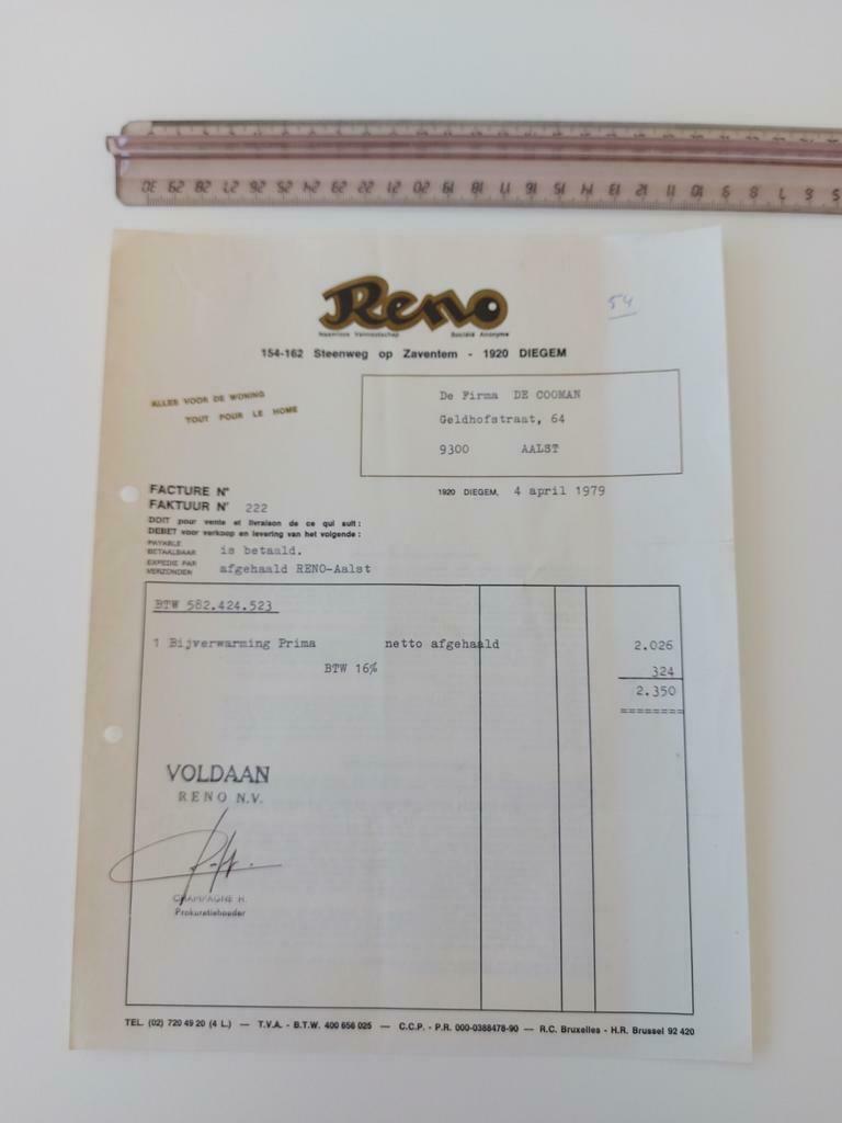 Oude factuur Reno Diegem Machelen, Ophalen of Verzenden