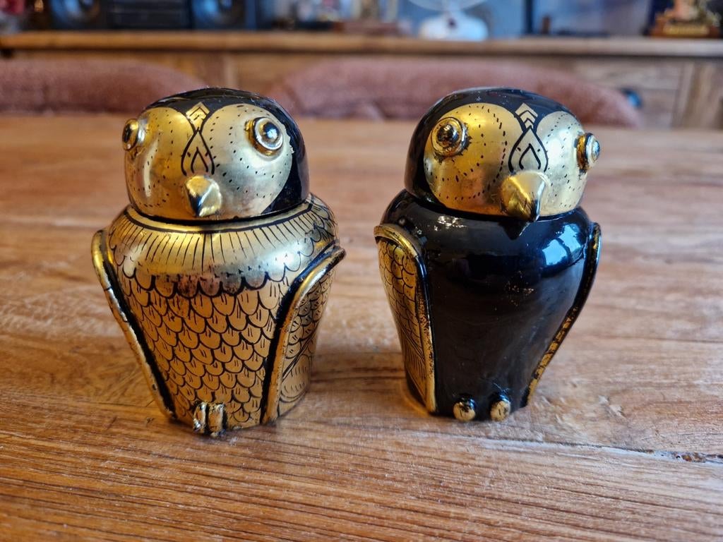 2x Vintage Birmese uil handgeschilderd zwartgoud lakdoosje, Ophalen of Verzenden