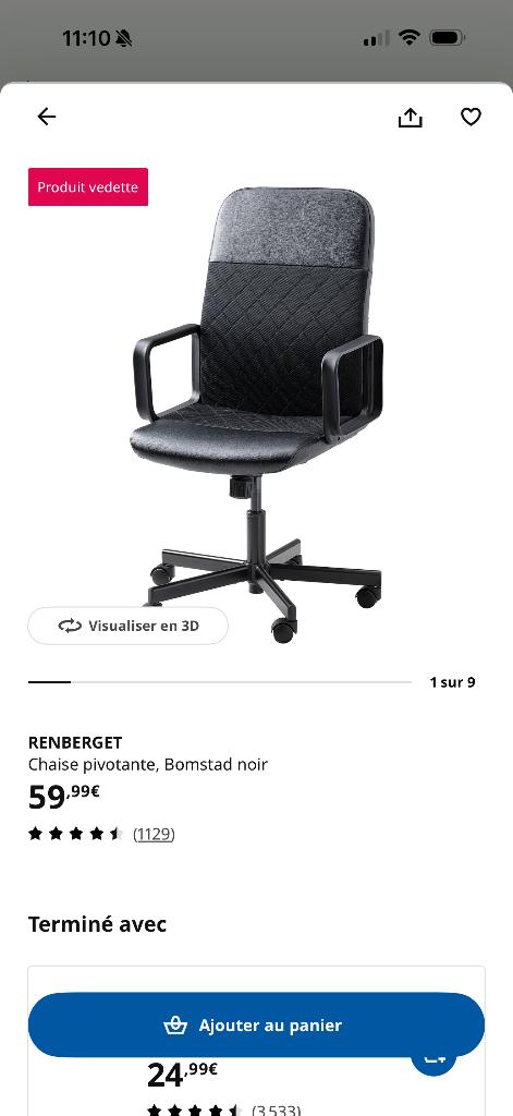 Chaise de bureau Renberget noir IKEA, Enlèvement ou Envoi, Comme neuf, Noir, Chaise de bureau