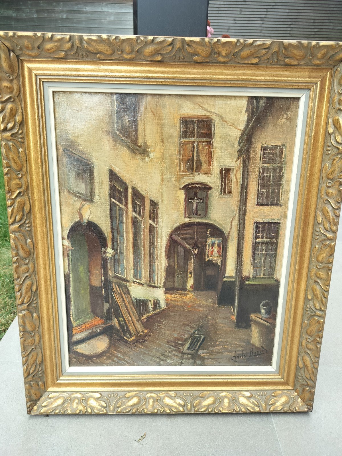 schilderij binnenkoer verguld, Antiquités & Art, Art | Peinture | Classique, Enlèvement, Peinture à l'huile