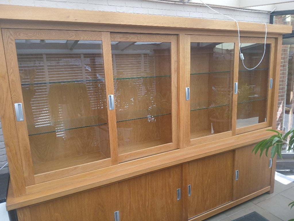 Eiken vitrinekast, Huis en Inrichting, Ophalen, 200 cm of meer, Eikenhout, Zo goed als nieuw