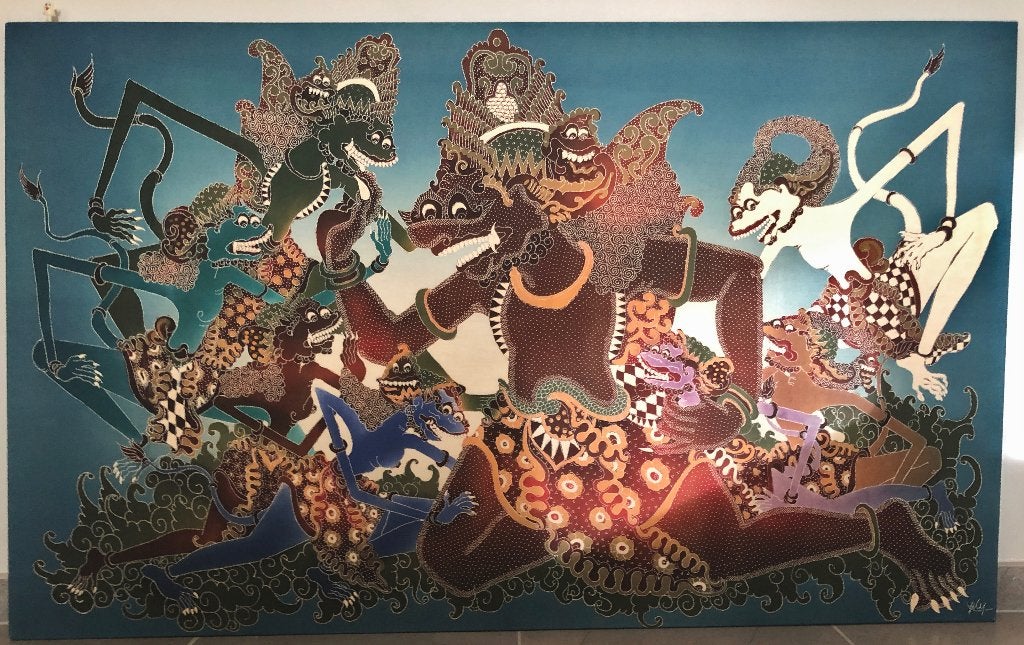 Indonesisch geïnspireerd wayang-batikpaneel (140*85*2), Ophalen, Wanddecoratie, Textiel, 85 cm