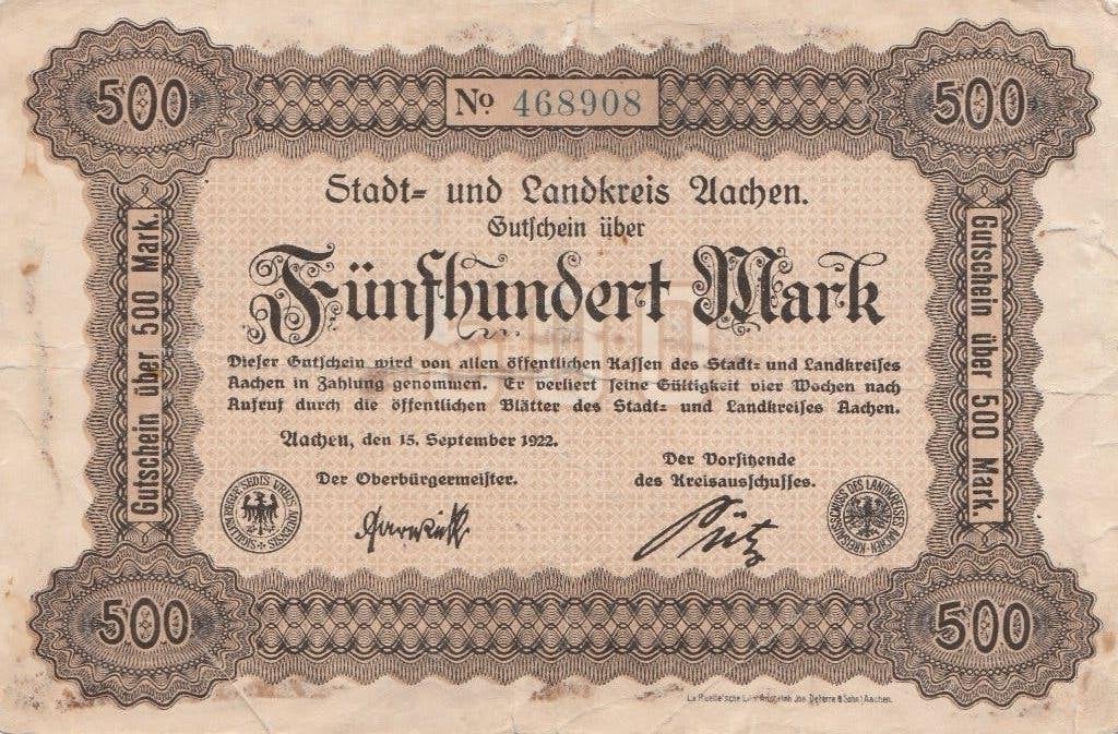 500 mark Aachen 1922, Postzegels en Munten, Bankbiljetten | Europa | Niet-Eurobiljetten, Ophalen of Verzenden