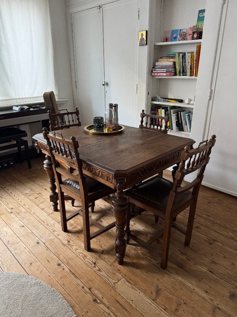 Klassieke vergrootbare houten eettafel met stoelen, Ophalen, Gebruikt, Rechthoekig, Klassiek