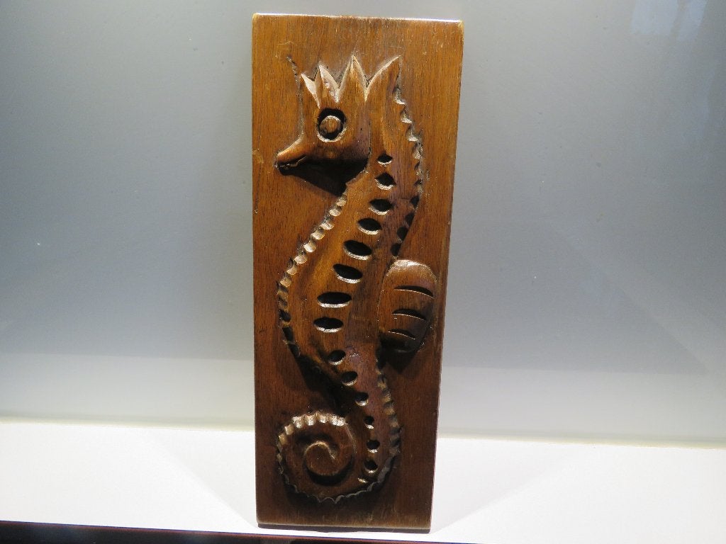 Vintage houten paneel zeepaardje gesculpteerd, Ophalen of Verzenden