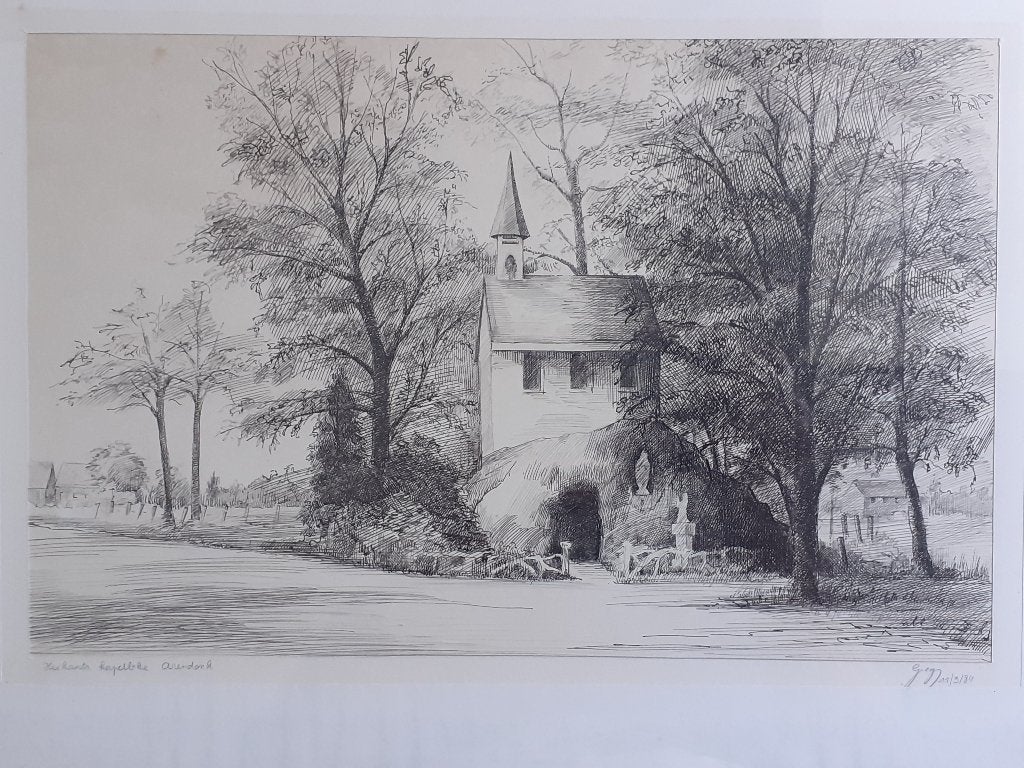 Tekening "Heikants kapelleke" - Greg Maes, Antiek en Kunst, Kunst | Tekeningen en Fotografie, Ophalen, Tekening, Pentekening, Handgemaakt