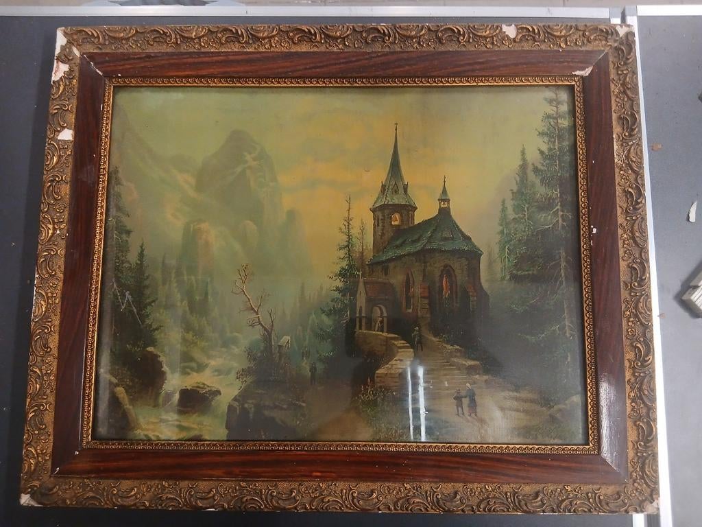 Prent van kerk in berglandschap, Antiek en Kunst, Ophalen