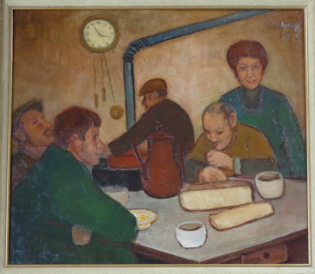F. DEBRAQ / BROODMAALTIJD / OLIEVERF / 85x95cm / KADER / SIG, Ophalen, Figuren, Olieverf, Overige materialen