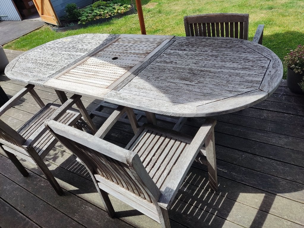 teak tuinmeubelen, ovale uitschuifbare eettafel + 4 stoelen, Chaise, Salons de jardin, 8 places, Utilisé