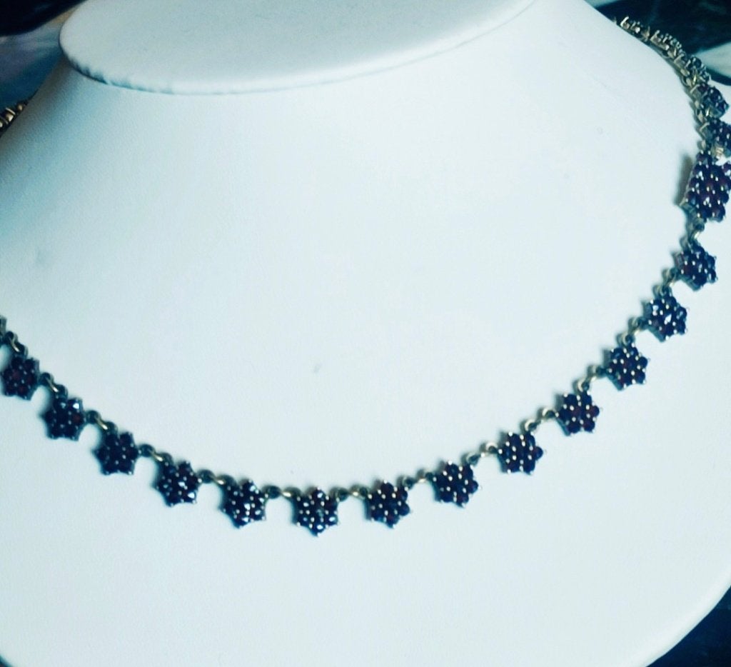 Antieke granaten zilver verguld collier ca 1910, Ophalen of Verzenden, Zilver
