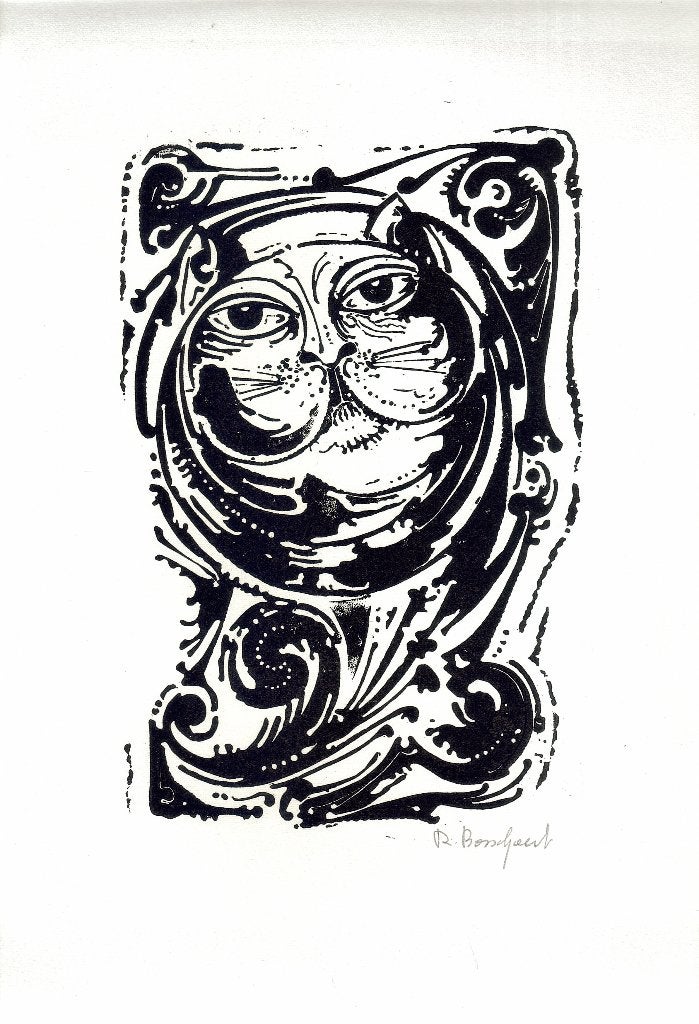 Renaat Bosschaert linosnede "Gestileerd Poezenportret", Antiek en Kunst, Ophalen, Dagelijks leven, 1950 - 1999, Overige technieken