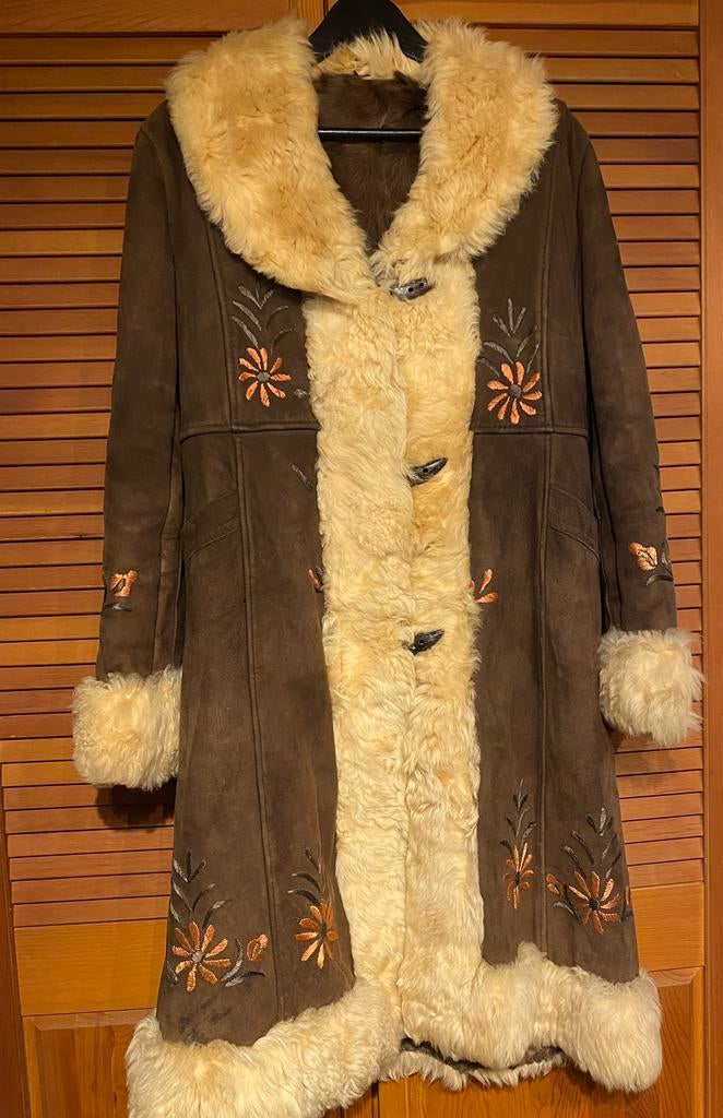 Penny lane coat leder lamswol broderie gevoerd bont pakistan, Ophalen, Zo goed als nieuw, Maat 38/40 (M)