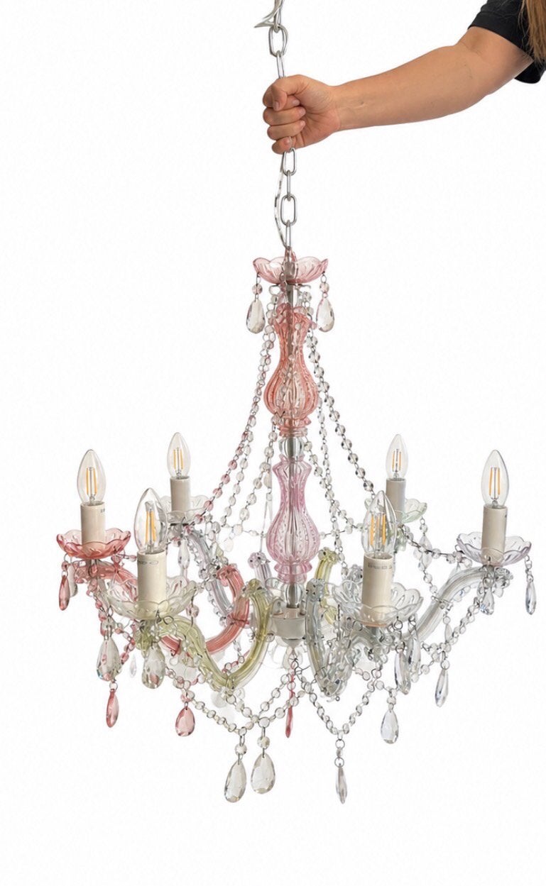 Mooie kroonluchter met gekleurd glas, Ophalen, Gebruikt, Glas, E14 (klein)
