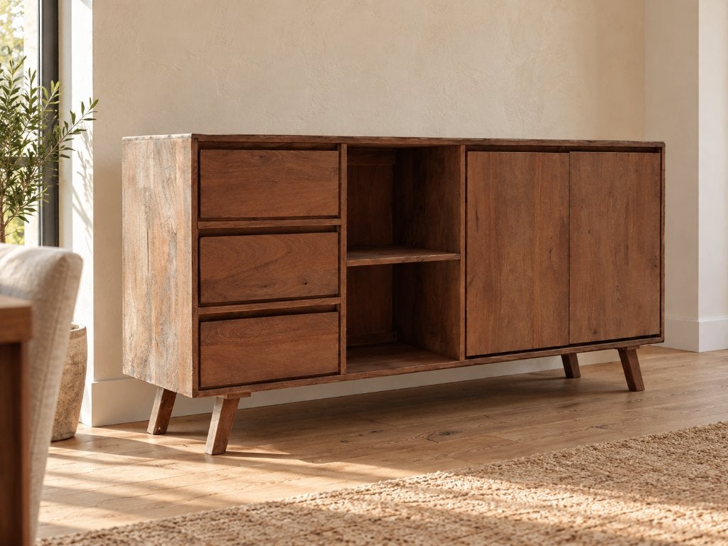 Bibi dressoir in mangohout – 180 cm, Neuf, 25 à 50 cm, Teck, 150 à 200 cm
