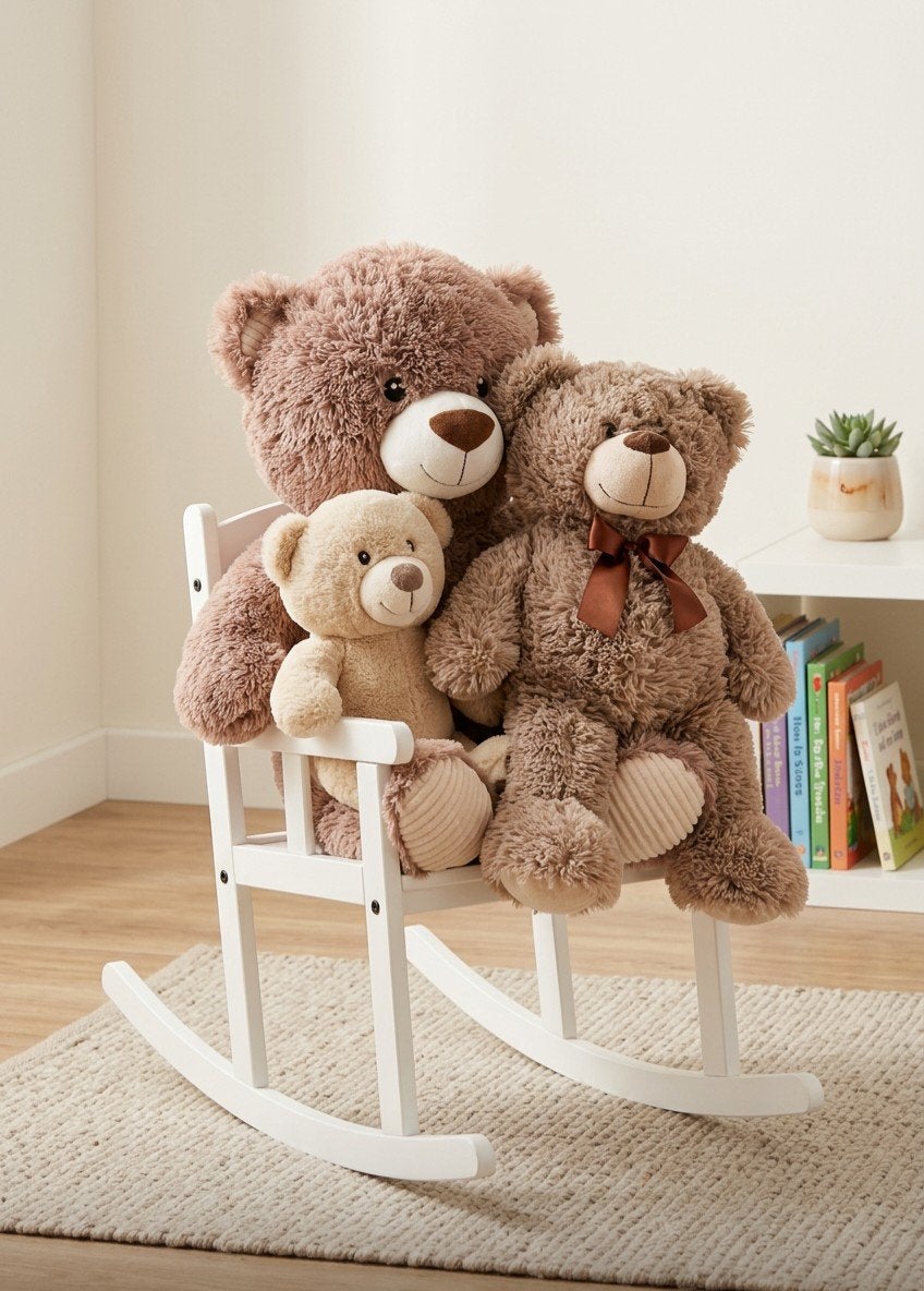 Witte houten kinderschommelstoel + 3 teddyberen, Enfants & Bébés, Enlèvement, Comme neuf