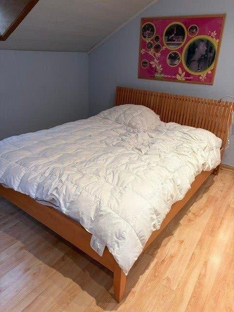 Houten 2-persoonsbed IKEA + donsdeken te koop, Ophalen, Gebruikt, Tweepersoons, 160 cm