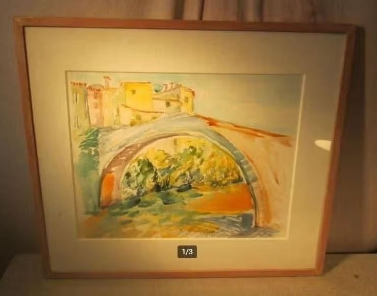 Mooi Geschilderd Aquarel 'Vieux Pont Visan' - gesigneerd, Enlèvement ou Envoi, Aquarelle, Encadré, Paysage